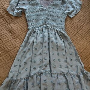 Smocked Bodice Puff Sleeve Floral Appliqué Dress - Blue